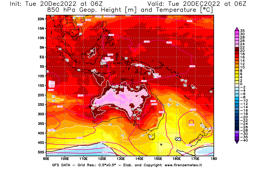 Mappa di analisi GFS - Geopotenziale [m] e Temperatura [°C] a 850 hPa in Oceania
							del 20/12/2022 06 <!--googleoff: index-->UTC<!--googleon: index-->