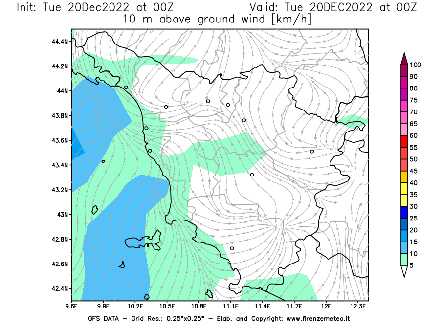 Mappa di analisi GFS - Velocità del vento a 10 metri dal suolo [km/h] in Toscana
							del 20/12/2022 00 <!--googleoff: index-->UTC<!--googleon: index-->