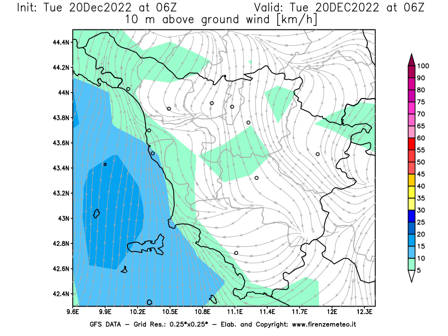 Mappa di analisi GFS - Velocità del vento a 10 metri dal suolo [km/h] in Toscana
							del 20/12/2022 06 <!--googleoff: index-->UTC<!--googleon: index-->