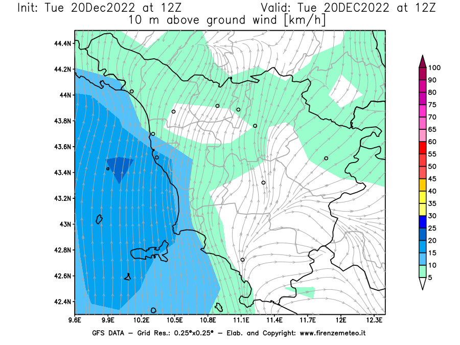 Mappa di analisi GFS - Velocità del vento a 10 metri dal suolo [km/h] in Toscana
							del 20/12/2022 12 <!--googleoff: index-->UTC<!--googleon: index-->