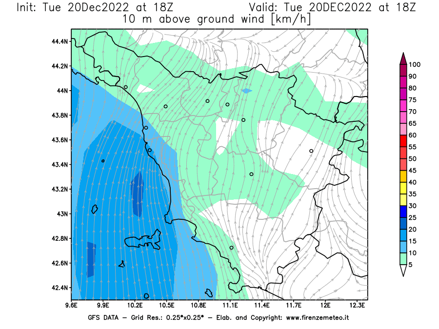 Mappa di analisi GFS - Velocità del vento a 10 metri dal suolo [km/h] in Toscana
							del 20/12/2022 18 <!--googleoff: index-->UTC<!--googleon: index-->