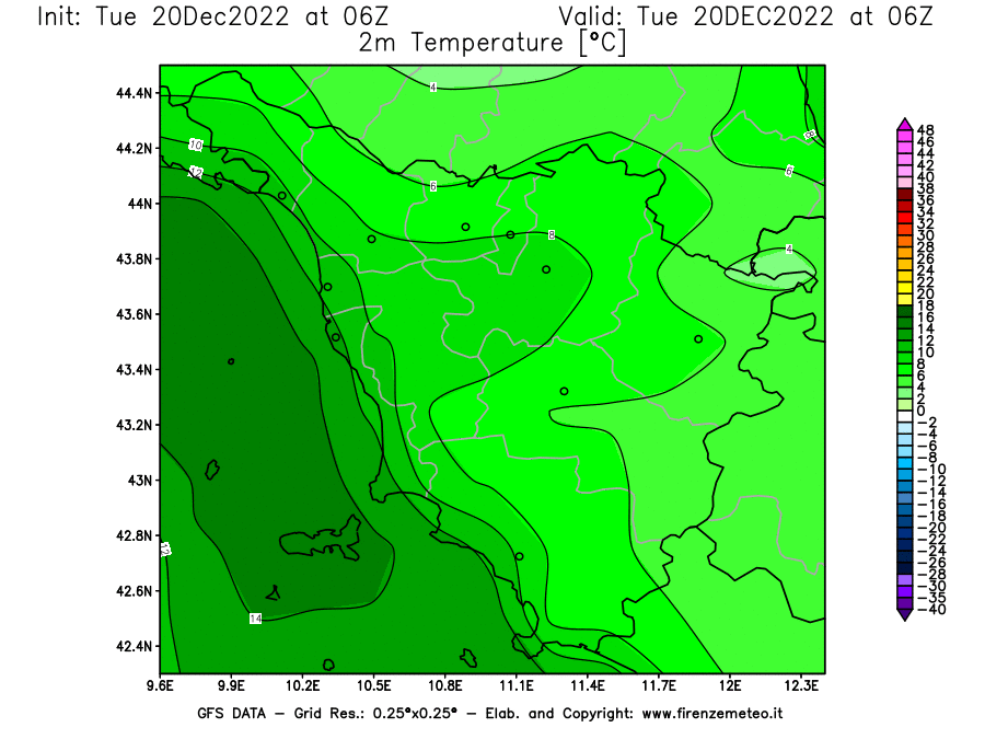 Mappa di analisi GFS - Temperatura a 2 metri dal suolo [°C] in Toscana
							del 20/12/2022 06 <!--googleoff: index-->UTC<!--googleon: index-->