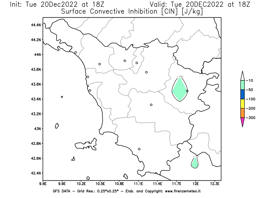 Mappa di analisi GFS - CIN [J/kg] in Toscana
							del 20/12/2022 18 <!--googleoff: index-->UTC<!--googleon: index-->