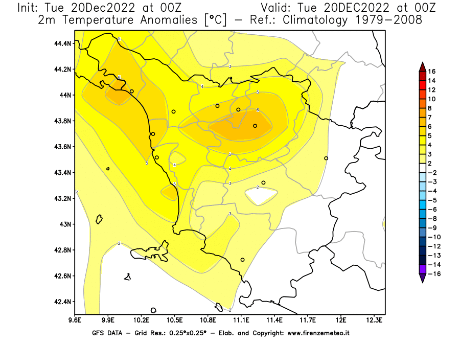 Mappa di analisi GFS - Anomalia Temperatura [°C] a 2 m in Toscana
							del 20/12/2022 00 <!--googleoff: index-->UTC<!--googleon: index-->