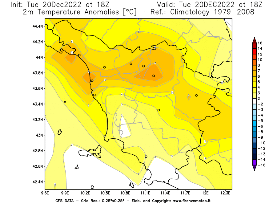 Mappa di analisi GFS - Anomalia Temperatura [°C] a 2 m in Toscana
							del 20/12/2022 18 <!--googleoff: index-->UTC<!--googleon: index-->