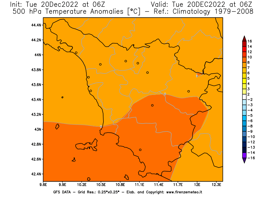 Mappa di analisi GFS - Anomalia Temperatura [°C] a 500 hPa in Toscana
							del 20/12/2022 06 <!--googleoff: index-->UTC<!--googleon: index-->
