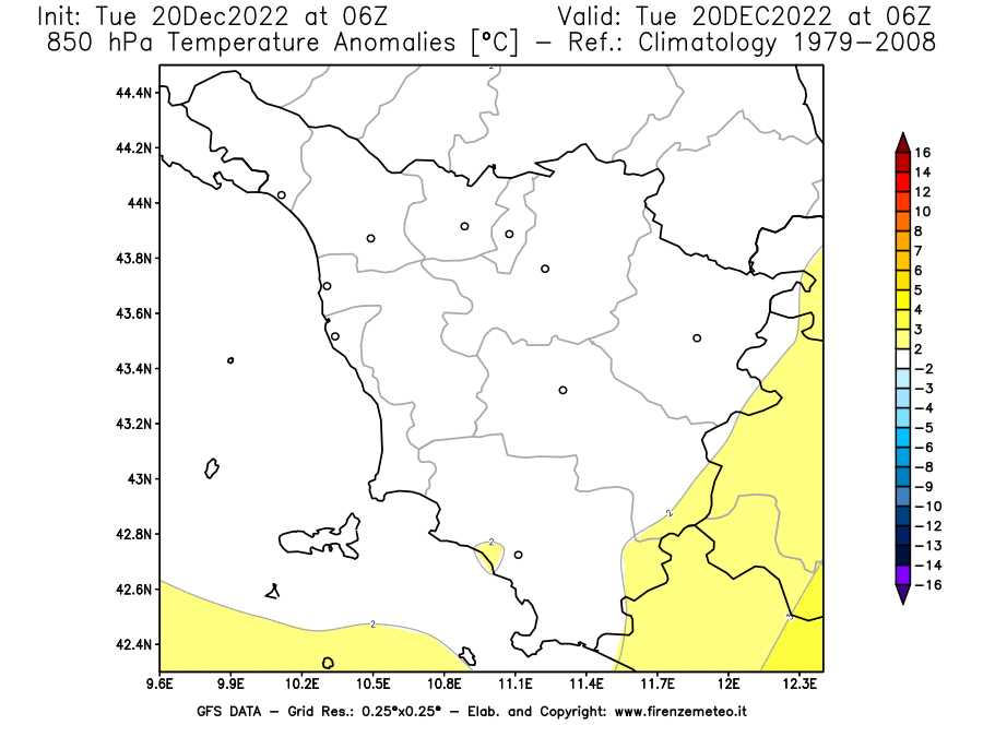 Mappa di analisi GFS - Anomalia Temperatura [°C] a 850 hPa in Toscana
							del 20/12/2022 06 <!--googleoff: index-->UTC<!--googleon: index-->
