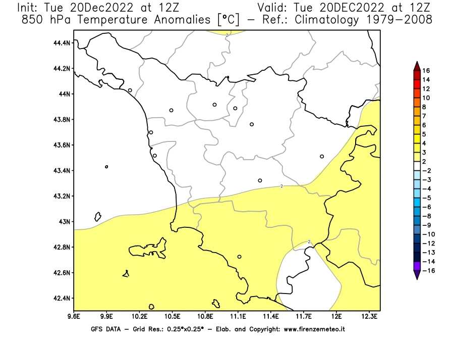 Mappa di analisi GFS - Anomalia Temperatura [°C] a 850 hPa in Toscana
							del 20/12/2022 12 <!--googleoff: index-->UTC<!--googleon: index-->
