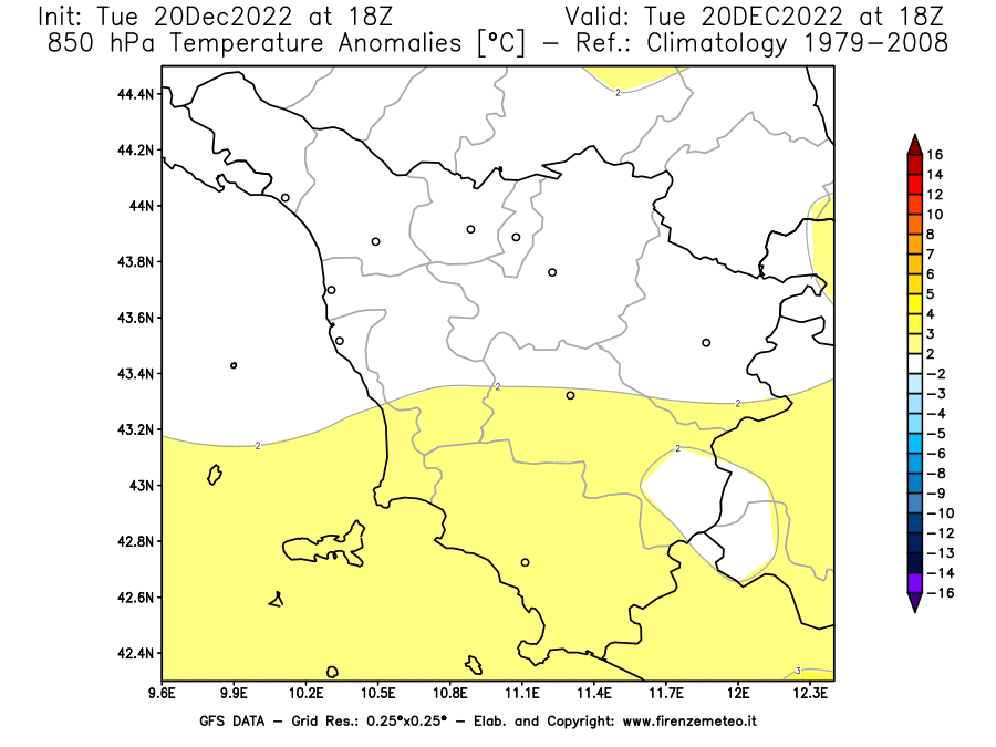 Mappa di analisi GFS - Anomalia Temperatura [°C] a 850 hPa in Toscana
							del 20/12/2022 18 <!--googleoff: index-->UTC<!--googleon: index-->