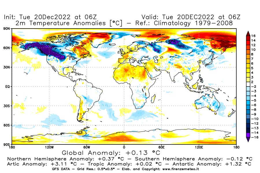 Mappa di analisi GFS - Anomalia Temperatura [°C] a 2 m in World
							del 20/12/2022 06 <!--googleoff: index-->UTC<!--googleon: index-->
