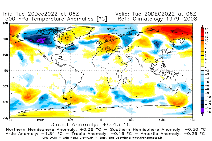 Mappa di analisi GFS - Anomalia Temperatura [°C] a 500 hPa in World
							del 20/12/2022 06 <!--googleoff: index-->UTC<!--googleon: index-->