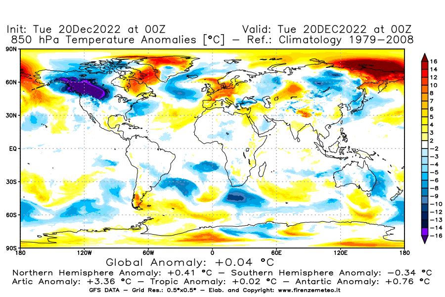 Mappa di analisi GFS - Anomalia Temperatura [°C] a 850 hPa in World
							del 20/12/2022 00 <!--googleoff: index-->UTC<!--googleon: index-->