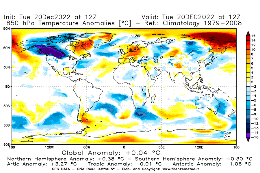 Mappa di analisi GFS - Anomalia Temperatura [°C] a 850 hPa in World
							del 20/12/2022 12 <!--googleoff: index-->UTC<!--googleon: index-->