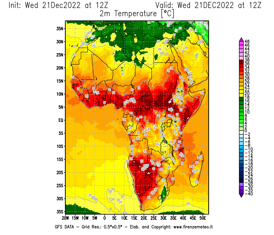 Mappa di analisi GFS - Temperatura a 2 metri dal suolo [°C] in Africa
							del 21/12/2022 12 <!--googleoff: index-->UTC<!--googleon: index-->