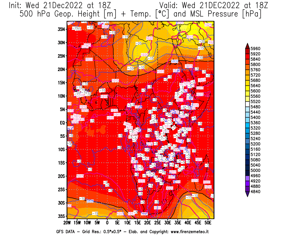 Mappa di analisi GFS - Geopotenziale [m] + Temp. [°C] a 500 hPa + Press. a livello del mare [hPa] in Africa
							del 21/12/2022 18 <!--googleoff: index-->UTC<!--googleon: index-->