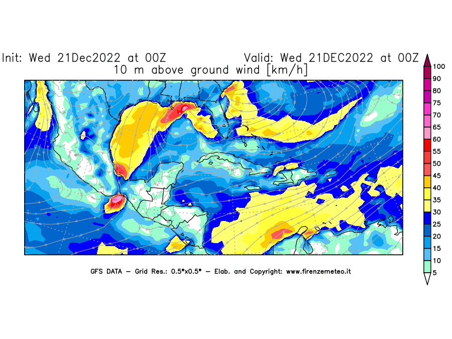 Mappa di analisi GFS - Velocità del vento a 10 metri dal suolo [km/h] in Centro-America
							del 21/12/2022 00 <!--googleoff: index-->UTC<!--googleon: index-->