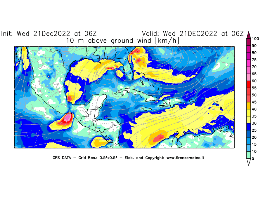 Mappa di analisi GFS - Velocità del vento a 10 metri dal suolo [km/h] in Centro-America
							del 21/12/2022 06 <!--googleoff: index-->UTC<!--googleon: index-->