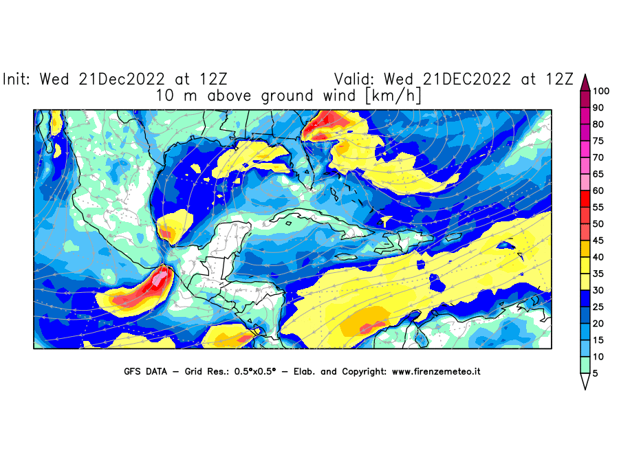 Mappa di analisi GFS - Velocità del vento a 10 metri dal suolo [km/h] in Centro-America
							del 21/12/2022 12 <!--googleoff: index-->UTC<!--googleon: index-->