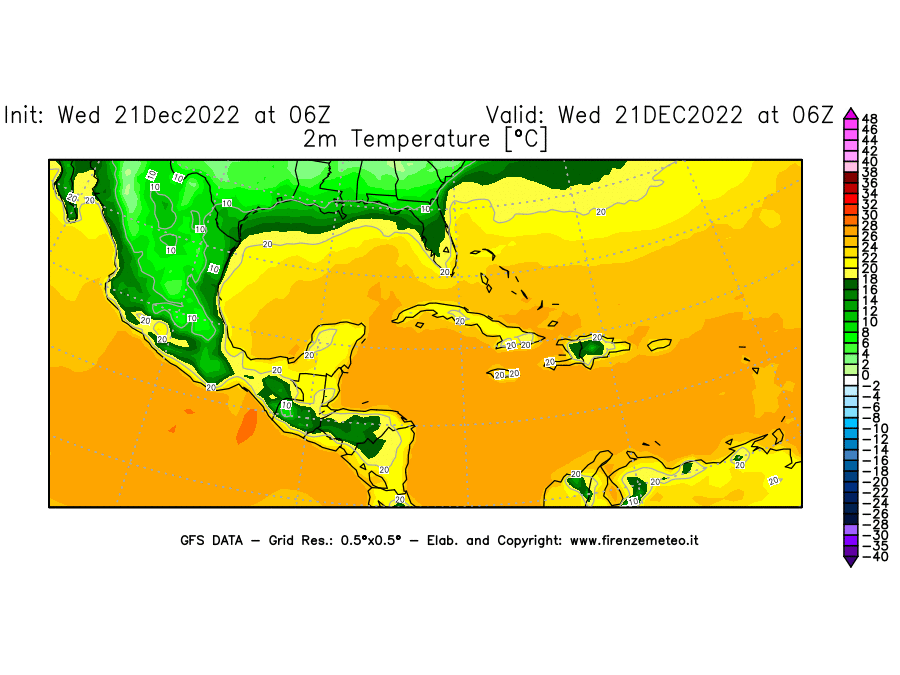 Mappa di analisi GFS - Temperatura a 2 metri dal suolo [°C] in Centro-America
							del 21/12/2022 06 <!--googleoff: index-->UTC<!--googleon: index-->