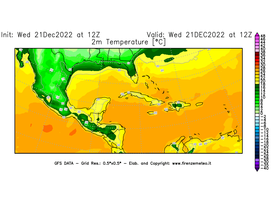 Mappa di analisi GFS - Temperatura a 2 metri dal suolo [°C] in Centro-America
							del 21/12/2022 12 <!--googleoff: index-->UTC<!--googleon: index-->