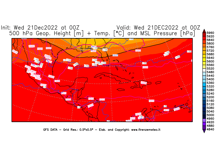 Mappa di analisi GFS - Geopotenziale [m] + Temp. [°C] a 500 hPa + Press. a livello del mare [hPa] in Centro-America
							del 21/12/2022 00 <!--googleoff: index-->UTC<!--googleon: index-->