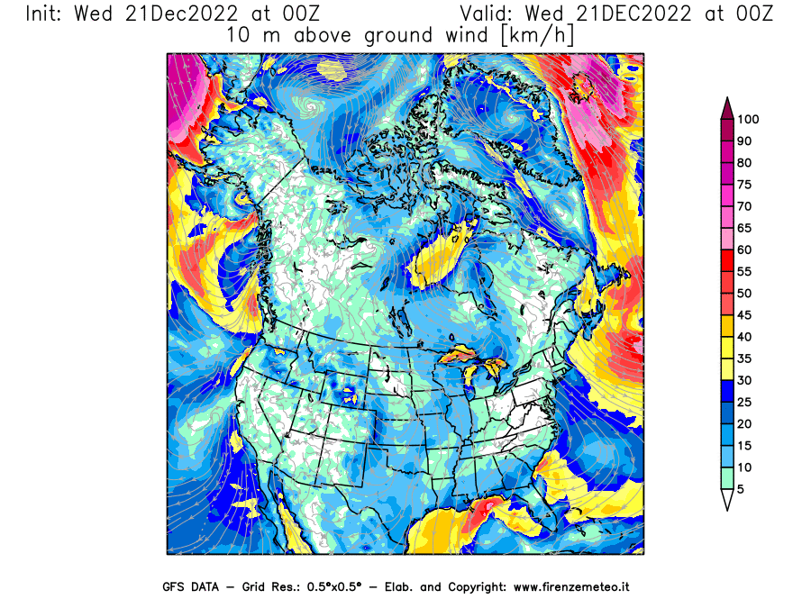 Mappa di analisi GFS - Velocità del vento a 10 metri dal suolo [km/h] in Nord-America
							del 21/12/2022 00 <!--googleoff: index-->UTC<!--googleon: index-->