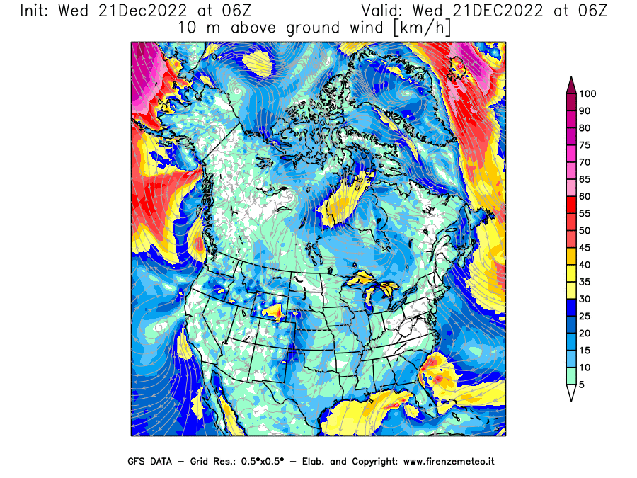 Mappa di analisi GFS - Velocità del vento a 10 metri dal suolo [km/h] in Nord-America
							del 21/12/2022 06 <!--googleoff: index-->UTC<!--googleon: index-->