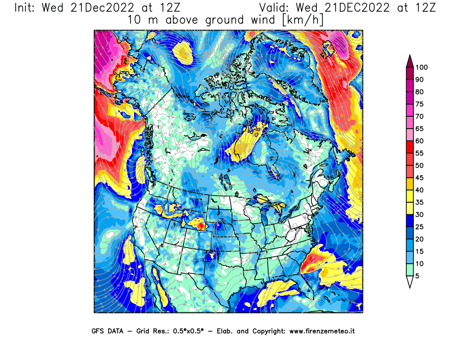 Mappa di analisi GFS - Velocità del vento a 10 metri dal suolo [km/h] in Nord-America
							del 21/12/2022 12 <!--googleoff: index-->UTC<!--googleon: index-->