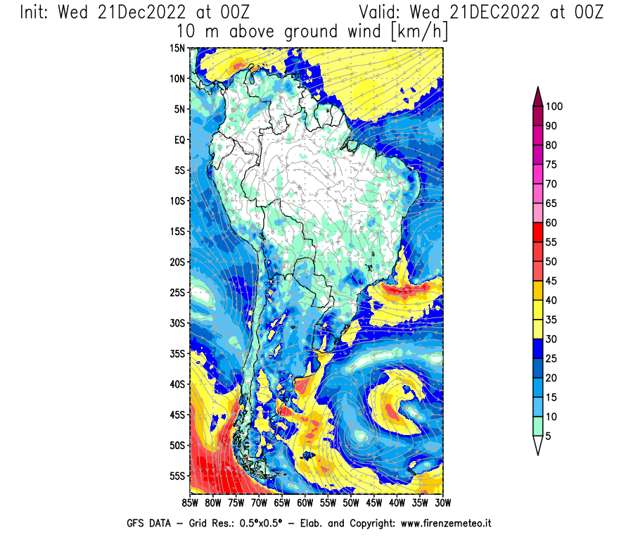 Mappa di analisi GFS - Velocità del vento a 10 metri dal suolo [km/h] in Sud-America
							del 21/12/2022 00 <!--googleoff: index-->UTC<!--googleon: index-->
