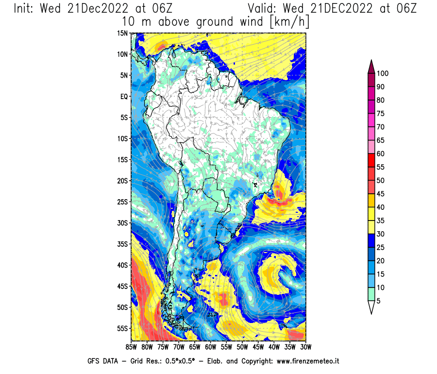 Mappa di analisi GFS - Velocità del vento a 10 metri dal suolo [km/h] in Sud-America
							del 21/12/2022 06 <!--googleoff: index-->UTC<!--googleon: index-->