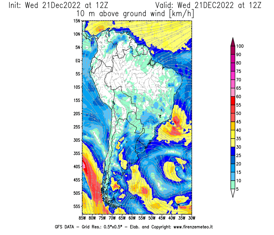 Mappa di analisi GFS - Velocità del vento a 10 metri dal suolo [km/h] in Sud-America
							del 21/12/2022 12 <!--googleoff: index-->UTC<!--googleon: index-->