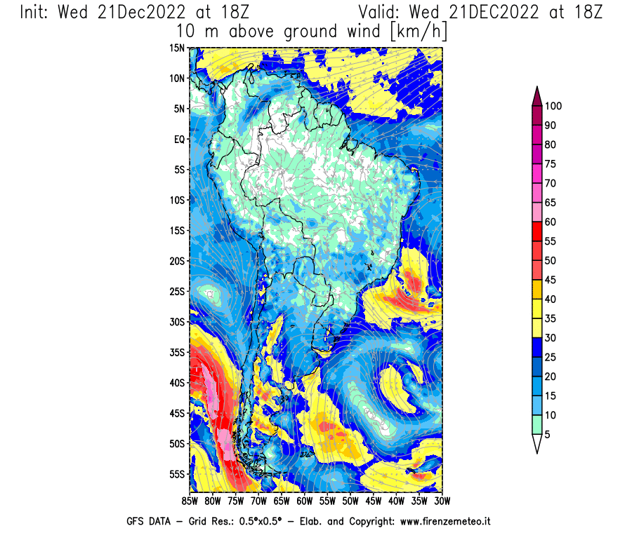 Mappa di analisi GFS - Velocità del vento a 10 metri dal suolo [km/h] in Sud-America
							del 21/12/2022 18 <!--googleoff: index-->UTC<!--googleon: index-->