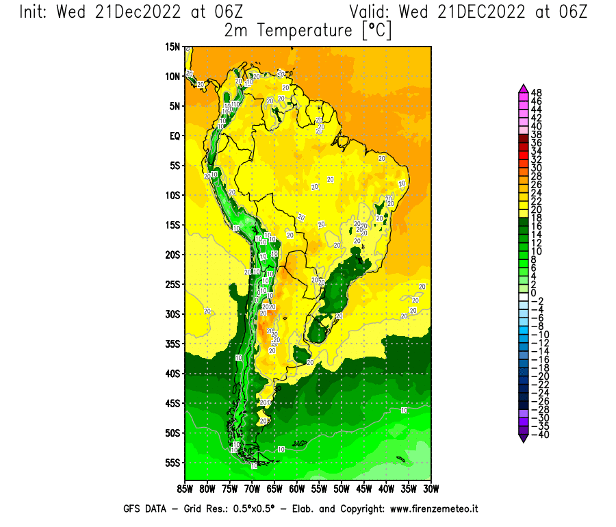 Mappa di analisi GFS - Temperatura a 2 metri dal suolo [°C] in Sud-America
							del 21/12/2022 06 <!--googleoff: index-->UTC<!--googleon: index-->