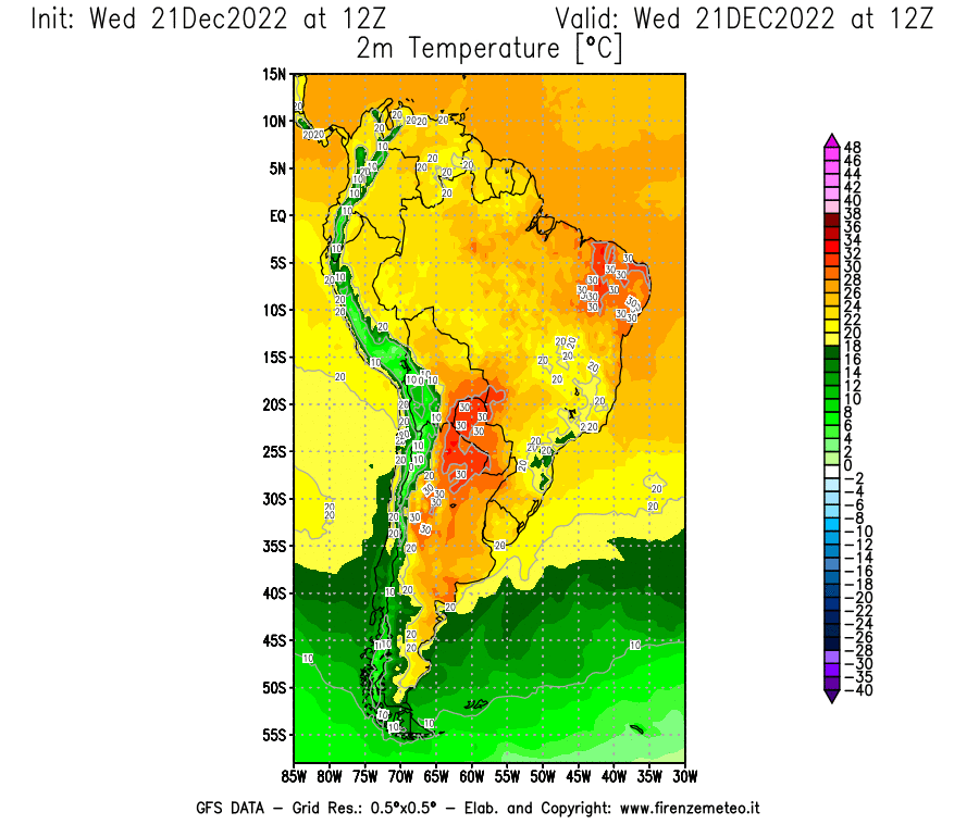 Mappa di analisi GFS - Temperatura a 2 metri dal suolo [°C] in Sud-America
							del 21/12/2022 12 <!--googleoff: index-->UTC<!--googleon: index-->