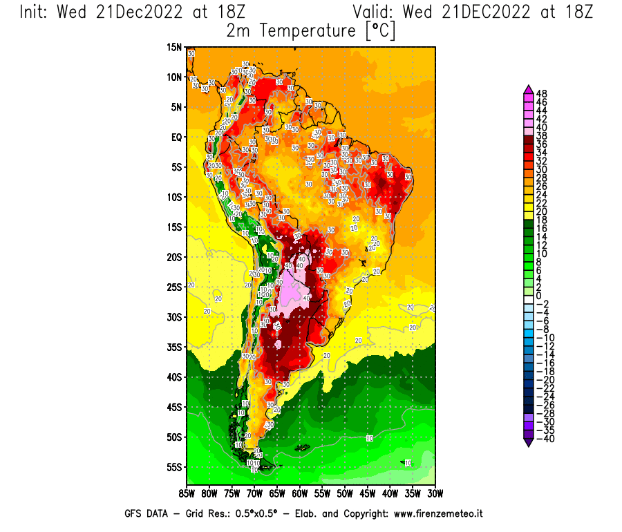 Mappa di analisi GFS - Temperatura a 2 metri dal suolo [°C] in Sud-America
							del 21/12/2022 18 <!--googleoff: index-->UTC<!--googleon: index-->