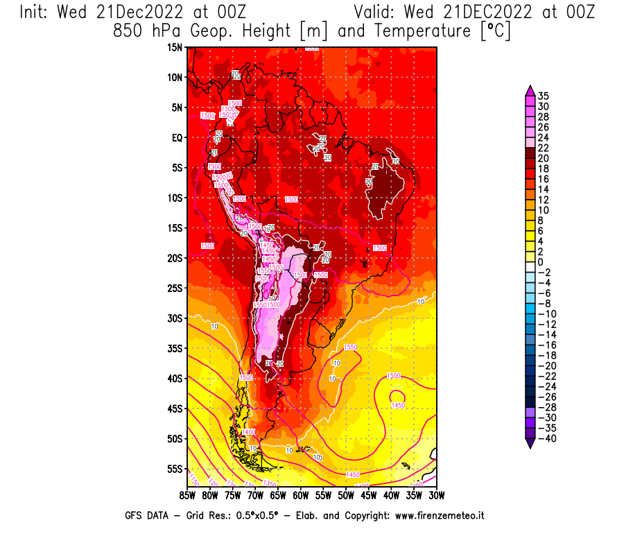 Mappa di analisi GFS - Geopotenziale [m] e Temperatura [°C] a 850 hPa in Sud-America
							del 21/12/2022 00 <!--googleoff: index-->UTC<!--googleon: index-->