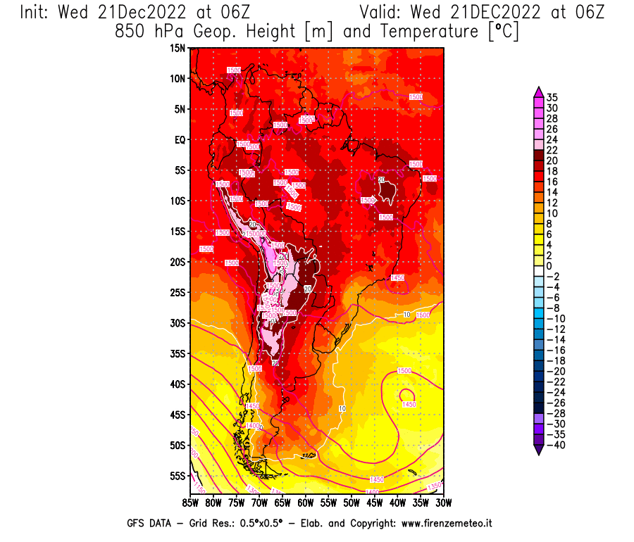 Mappa di analisi GFS - Geopotenziale [m] e Temperatura [°C] a 850 hPa in Sud-America
							del 21/12/2022 06 <!--googleoff: index-->UTC<!--googleon: index-->