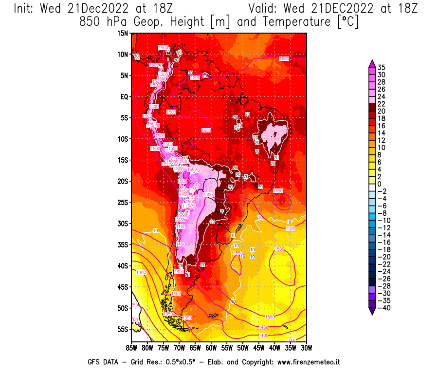 Mappa di analisi GFS - Geopotenziale [m] e Temperatura [°C] a 850 hPa in Sud-America
							del 21/12/2022 18 <!--googleoff: index-->UTC<!--googleon: index-->