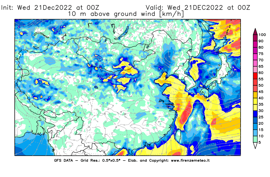Mappa di analisi GFS - Velocità del vento a 10 metri dal suolo [km/h] in Asia Orientale
							del 21/12/2022 00 <!--googleoff: index-->UTC<!--googleon: index-->