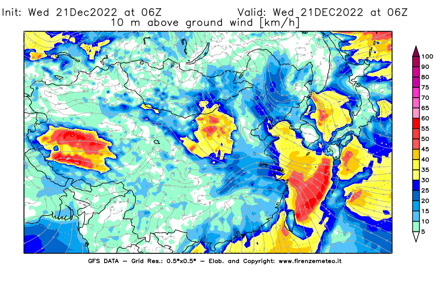 Mappa di analisi GFS - Velocità del vento a 10 metri dal suolo [km/h] in Asia Orientale
							del 21/12/2022 06 <!--googleoff: index-->UTC<!--googleon: index-->
