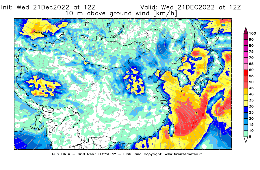 Mappa di analisi GFS - Velocità del vento a 10 metri dal suolo [km/h] in Asia Orientale
							del 21/12/2022 12 <!--googleoff: index-->UTC<!--googleon: index-->