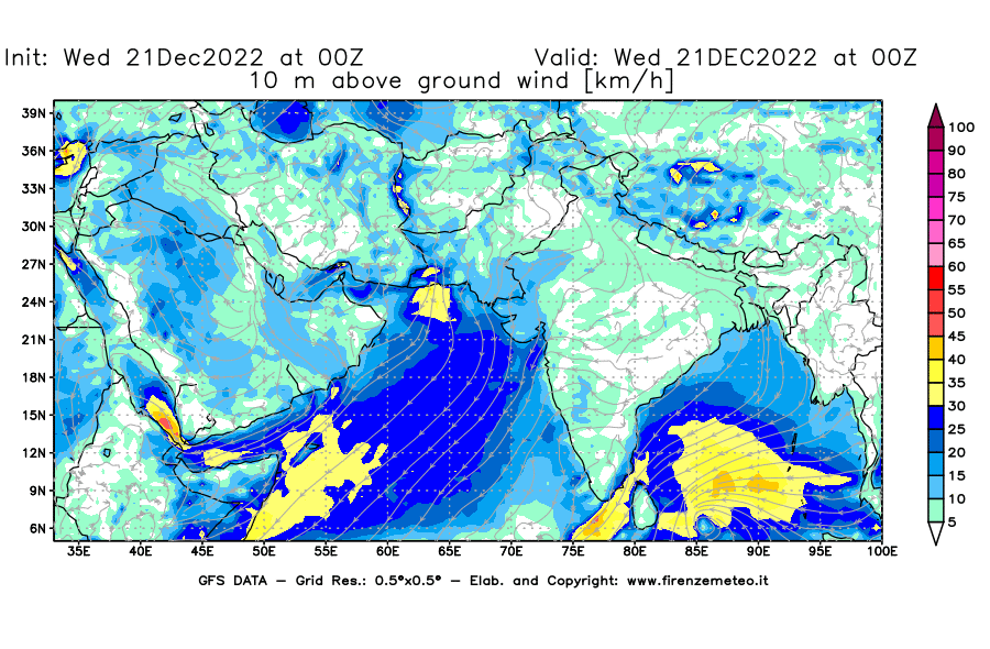 Mappa di analisi GFS - Velocità del vento a 10 metri dal suolo [km/h] in Asia Sud-Occidentale
							del 21/12/2022 00 <!--googleoff: index-->UTC<!--googleon: index-->