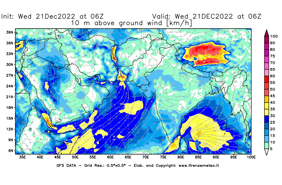 Mappa di analisi GFS - Velocità del vento a 10 metri dal suolo [km/h] in Asia Sud-Occidentale
							del 21/12/2022 06 <!--googleoff: index-->UTC<!--googleon: index-->