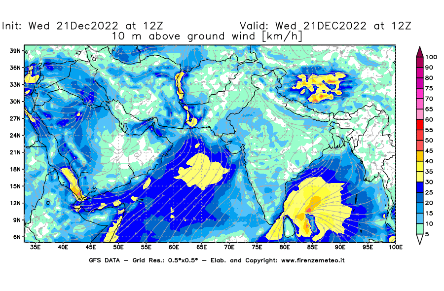 Mappa di analisi GFS - Velocità del vento a 10 metri dal suolo [km/h] in Asia Sud-Occidentale
							del 21/12/2022 12 <!--googleoff: index-->UTC<!--googleon: index-->