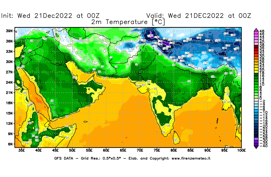 Mappa di analisi GFS - Temperatura a 2 metri dal suolo [°C] in Asia Sud-Occidentale
							del 21/12/2022 00 <!--googleoff: index-->UTC<!--googleon: index-->
