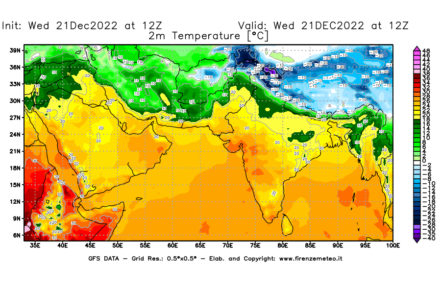 Mappa di analisi GFS - Temperatura a 2 metri dal suolo [°C] in Asia Sud-Occidentale
							del 21/12/2022 12 <!--googleoff: index-->UTC<!--googleon: index-->