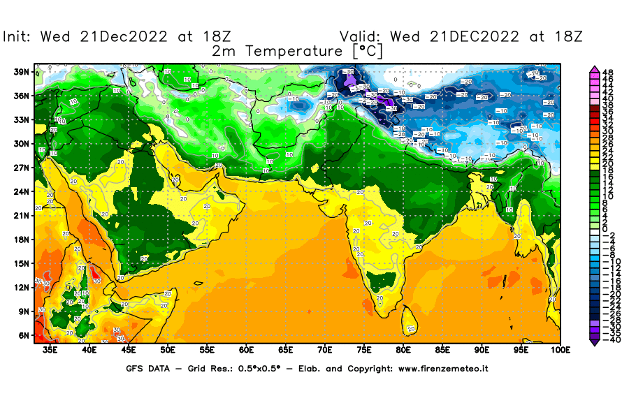 Mappa di analisi GFS - Temperatura a 2 metri dal suolo [°C] in Asia Sud-Occidentale
							del 21/12/2022 18 <!--googleoff: index-->UTC<!--googleon: index-->