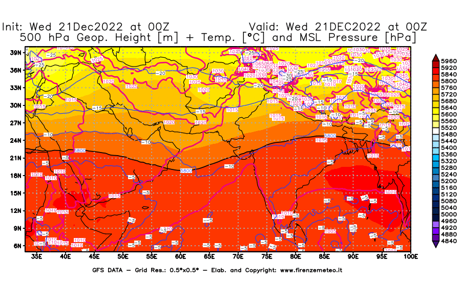 Mappa di analisi GFS - Geopotenziale [m] + Temp. [°C] a 500 hPa + Press. a livello del mare [hPa] in Asia Sud-Occidentale
							del 21/12/2022 00 <!--googleoff: index-->UTC<!--googleon: index-->