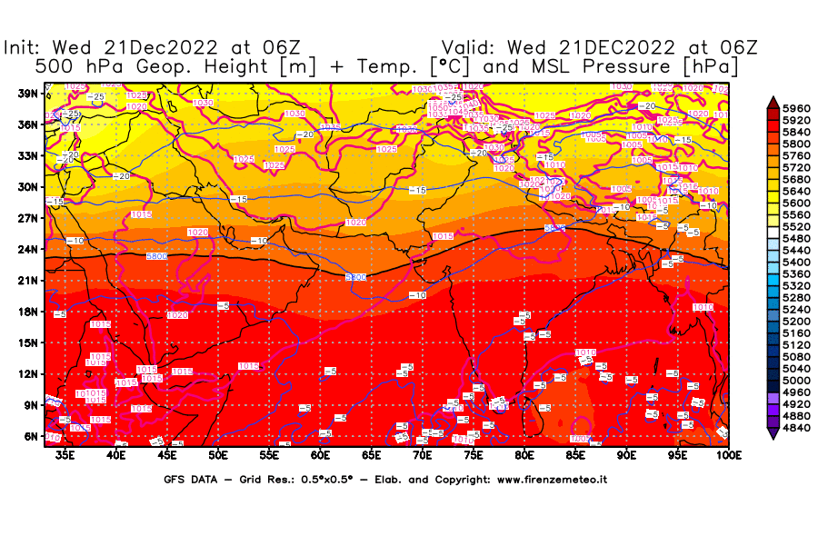 Mappa di analisi GFS - Geopotenziale [m] + Temp. [°C] a 500 hPa + Press. a livello del mare [hPa] in Asia Sud-Occidentale
							del 21/12/2022 06 <!--googleoff: index-->UTC<!--googleon: index-->