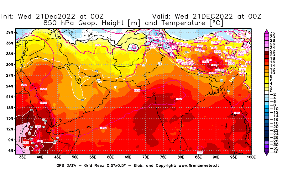 Mappa di analisi GFS - Geopotenziale [m] e Temperatura [°C] a 850 hPa in Asia Sud-Occidentale
							del 21/12/2022 00 <!--googleoff: index-->UTC<!--googleon: index-->